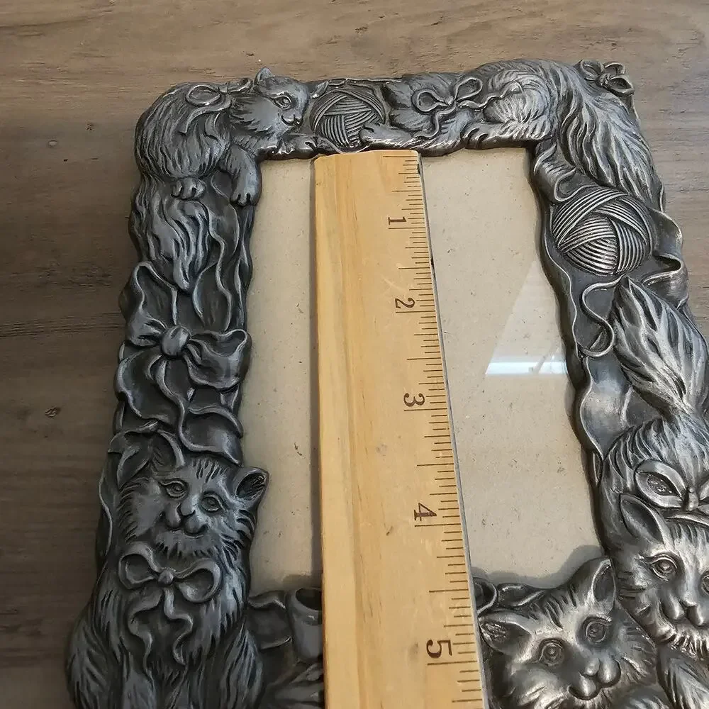 Vintage Pewter Cat Picture Frame MCM Classic Collectible Kitty Kittens Retro 80s